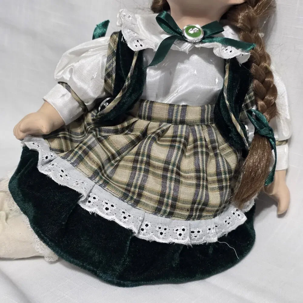 Vintage Collectible Porcelain Twin Dolls in Plaid and Blue Velvet Outfits